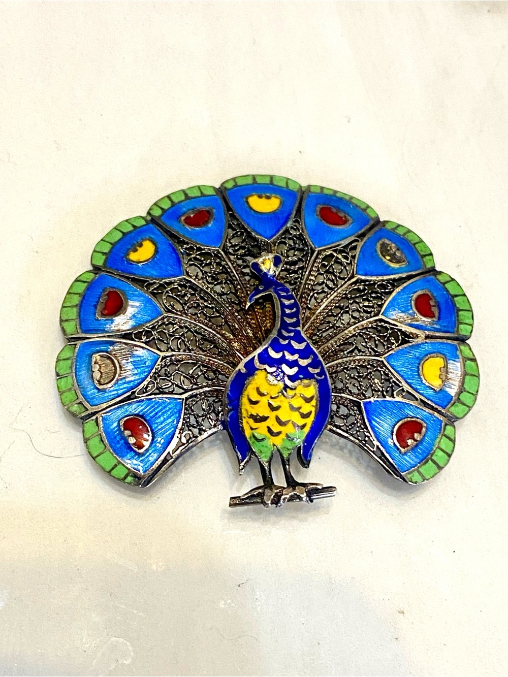 Vintage Silver Enamel Peacock Portugal Brooch